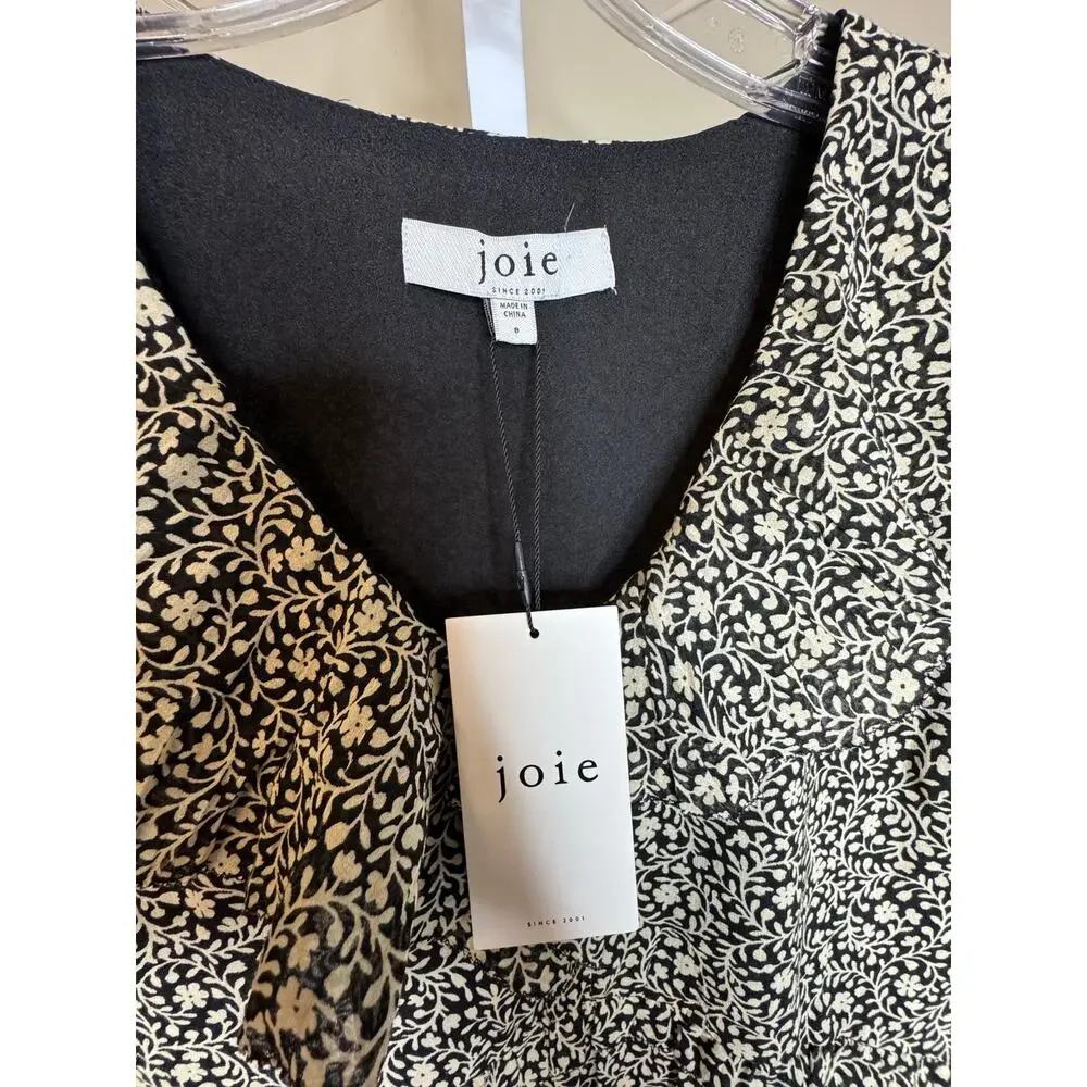 Joie NWT Adanson V-Neck Floral Long Sleeve Mini in Caviar Bleached Sand Size 8